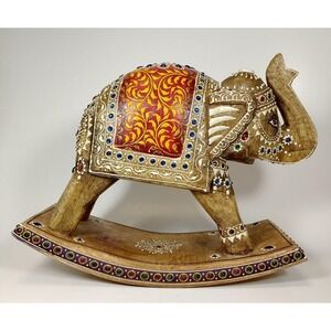 Vintage Wooden Rocking Elephant Statue India Hand-Painted Hand-Carved Elaborate